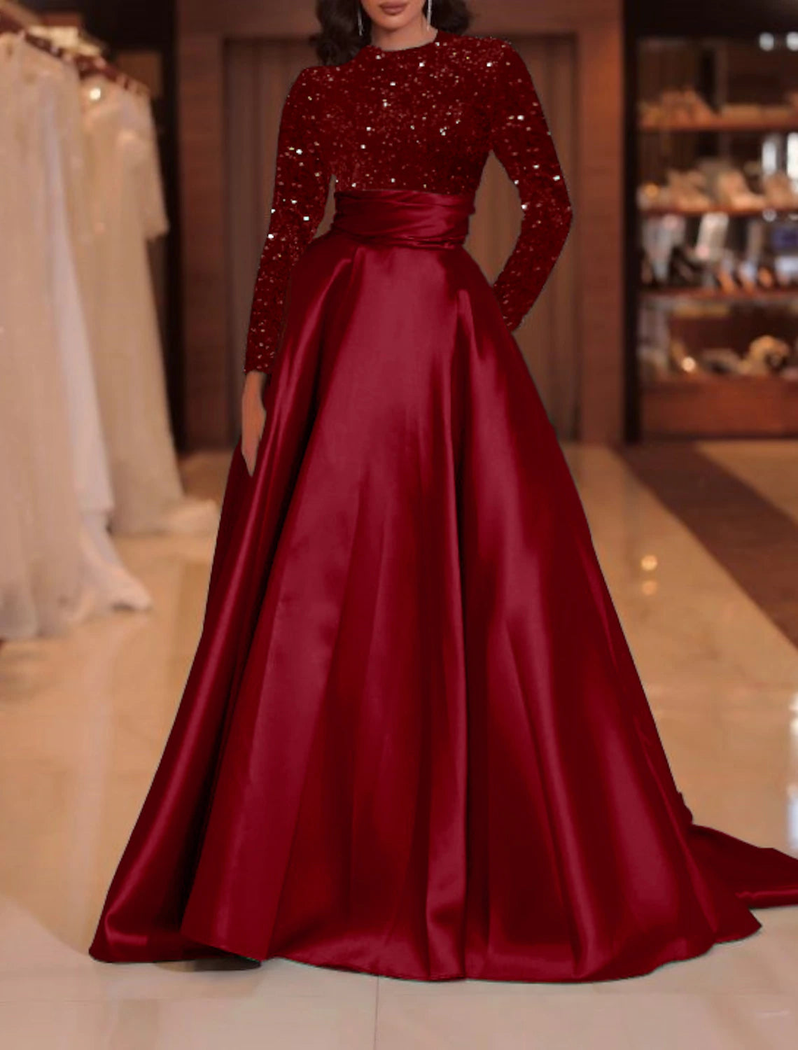 Weitese A-Line Evening Gown Sparkle Red Green Dress Formal Cocktail Party Court Train Long Sleeve High Neck Fall Wedding Guest Satin with Sequin