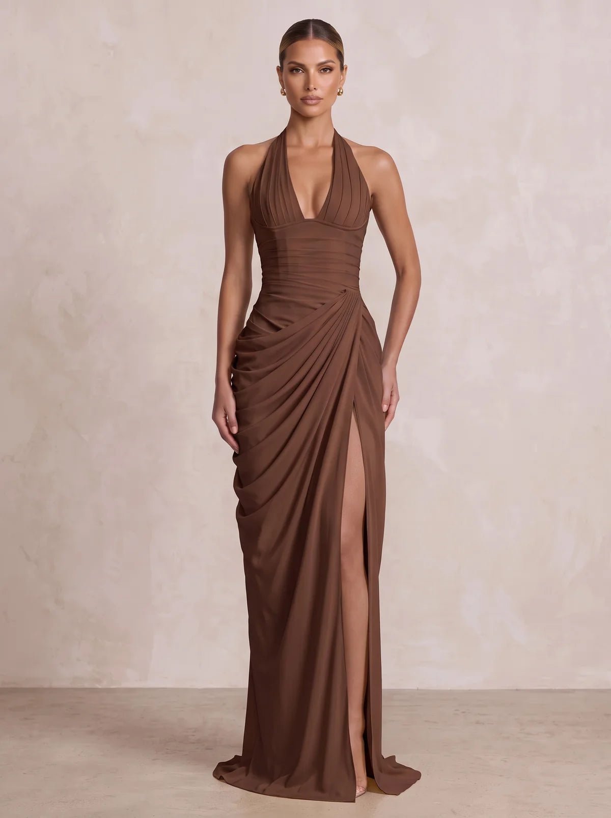 Espresso Crepe Sheath Halter Lace-Up Back Floor-Length Dress
