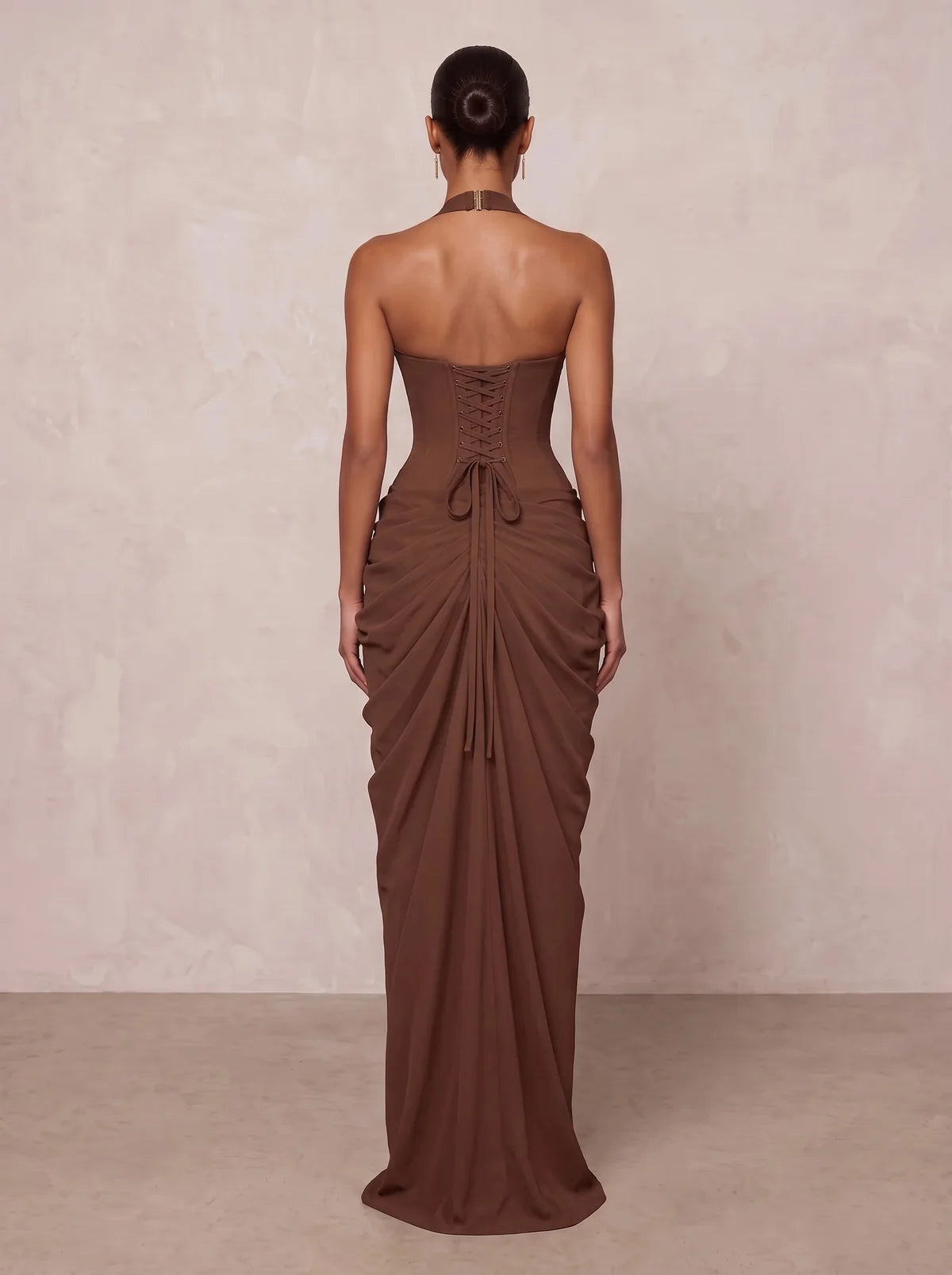 Espresso Crepe Sheath Halter Lace-Up Back Floor-Length Dress
