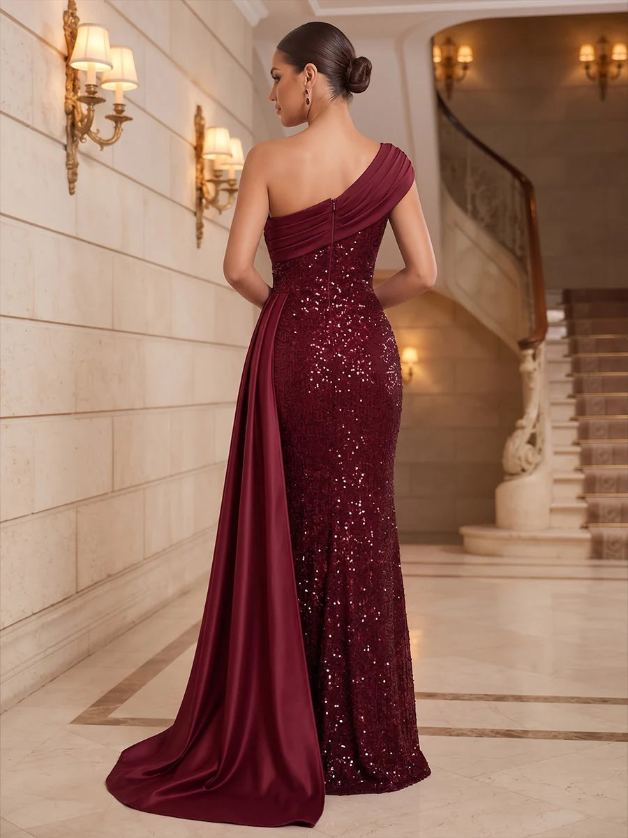 Burgundy Sequin & Satin Sheath One Shoulder Zipper Back Floor-Length Dress