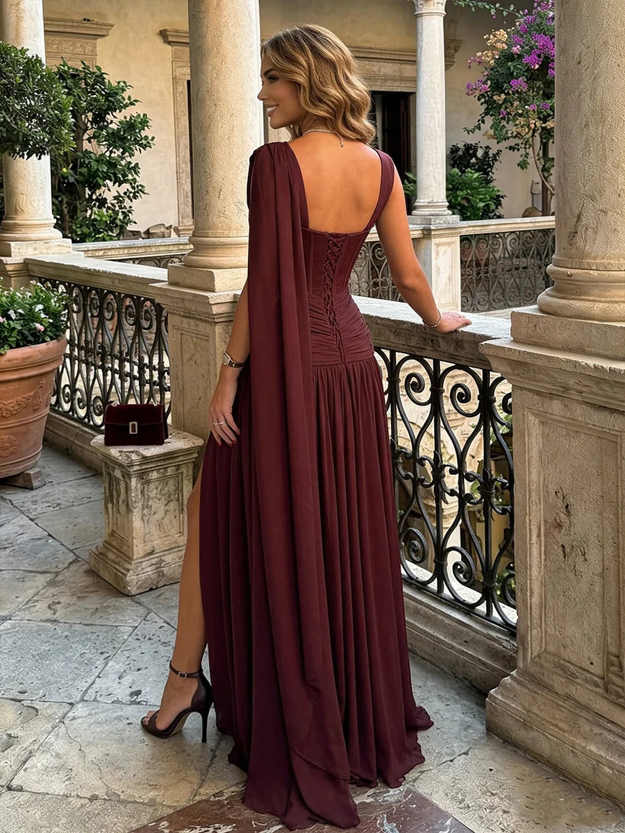 Burgundy Chiffon A-Line Cowl Neck Lace-up Floor-Length Dress
