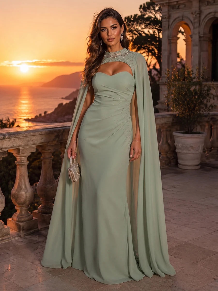 Sage Green Chiffon Sheath High Neck High Back Floor-Length Dress