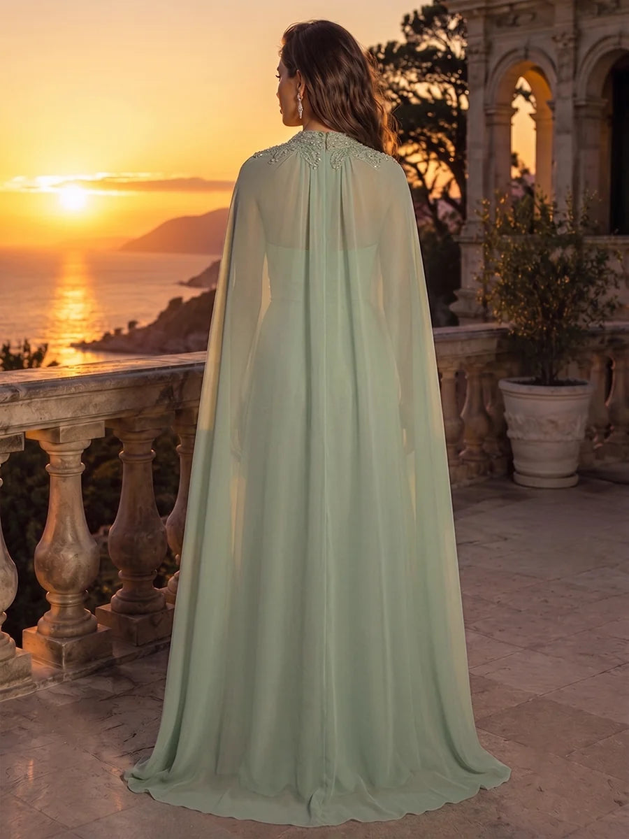 Sage Green Chiffon Sheath High Neck High Back Floor-Length Dress