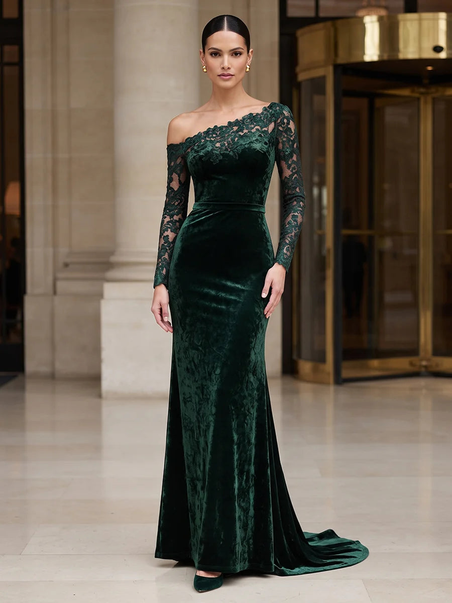 Forest Green Velvet and Lace Mermaid One Shoulder Zipper Back Floor-Length Dress