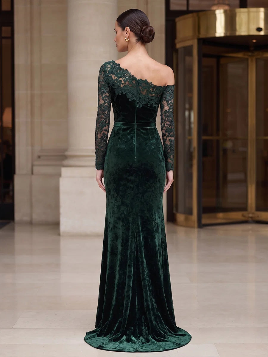 Forest Green Velvet and Lace Mermaid One Shoulder Zipper Back Floor-Length Dress