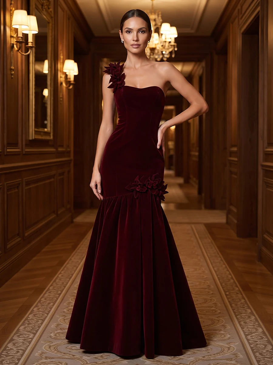 Burgundy Velvet Mermaid One Shoulder Zipper Back Floor Length Dress