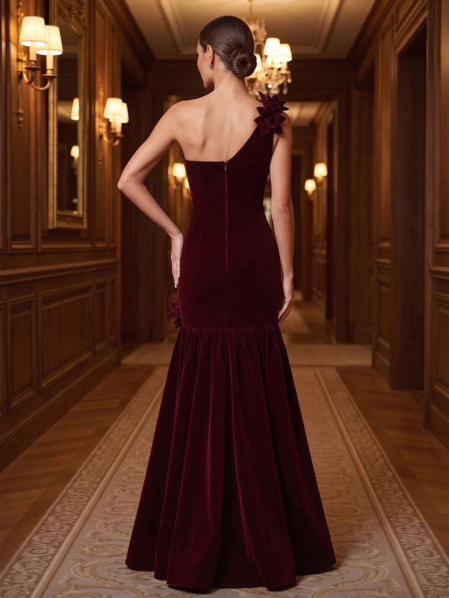 Burgundy Velvet Mermaid One Shoulder Zipper Back Floor-Length Dress