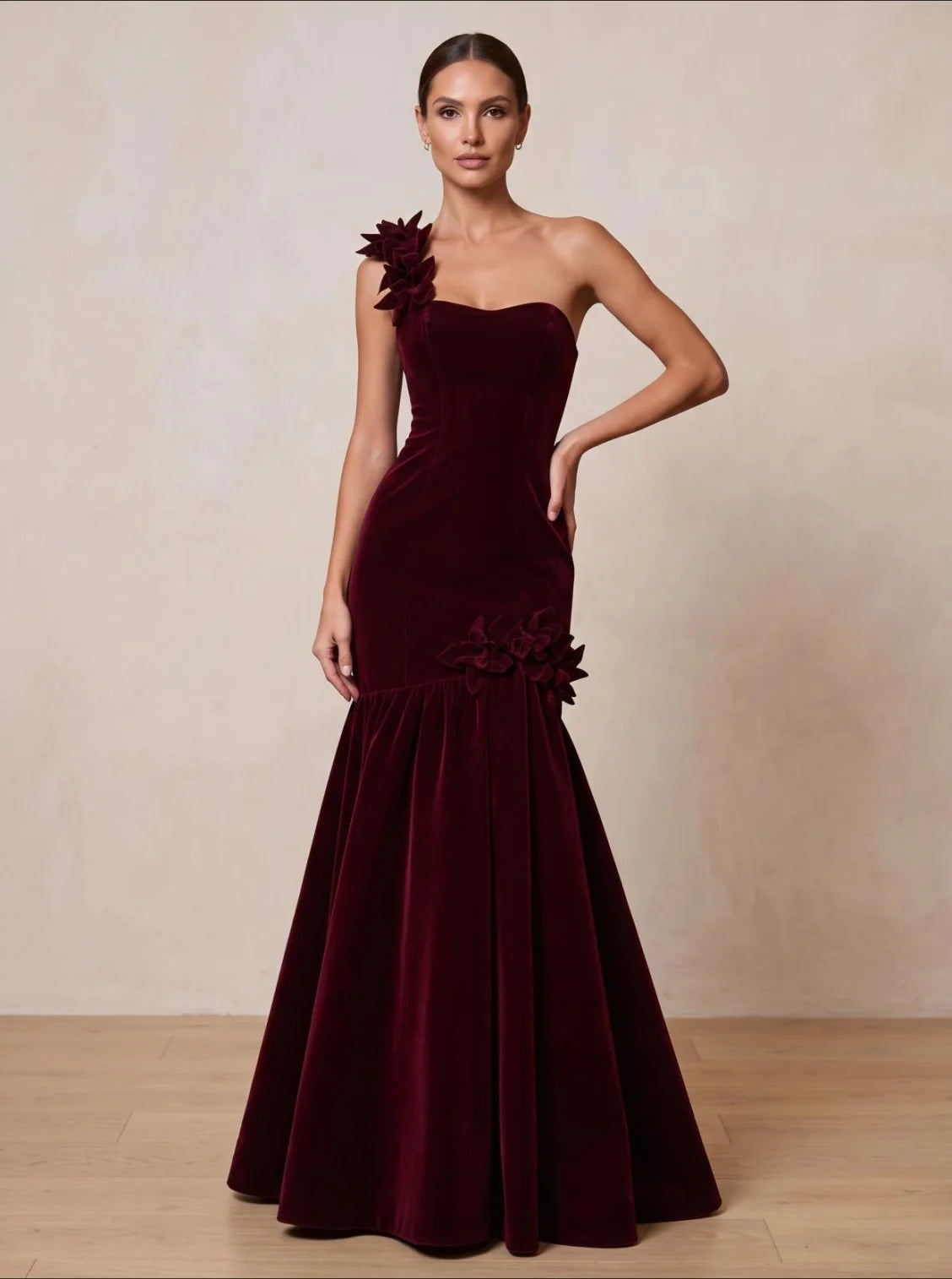 Burgundy Velvet Mermaid One Shoulder Zipper Back Floor-Length Dress