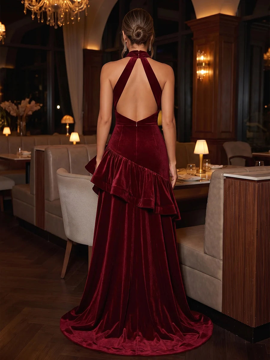 Burgundy Velvet A-Line Halter Keyhole Back High-Low Dress