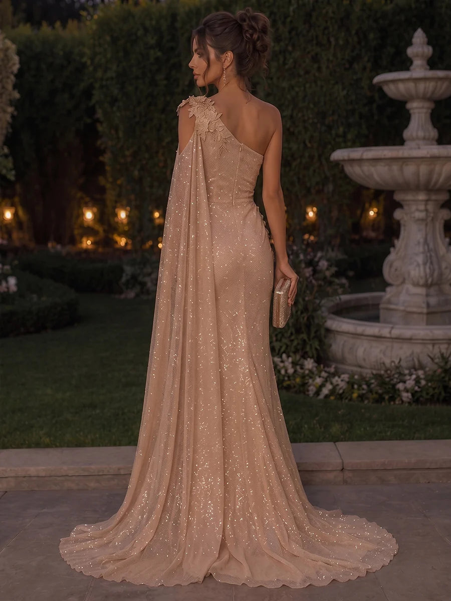 Champagne Glitter Fabric Sheath One Shoulder Zipper Back Floor-Length Dress