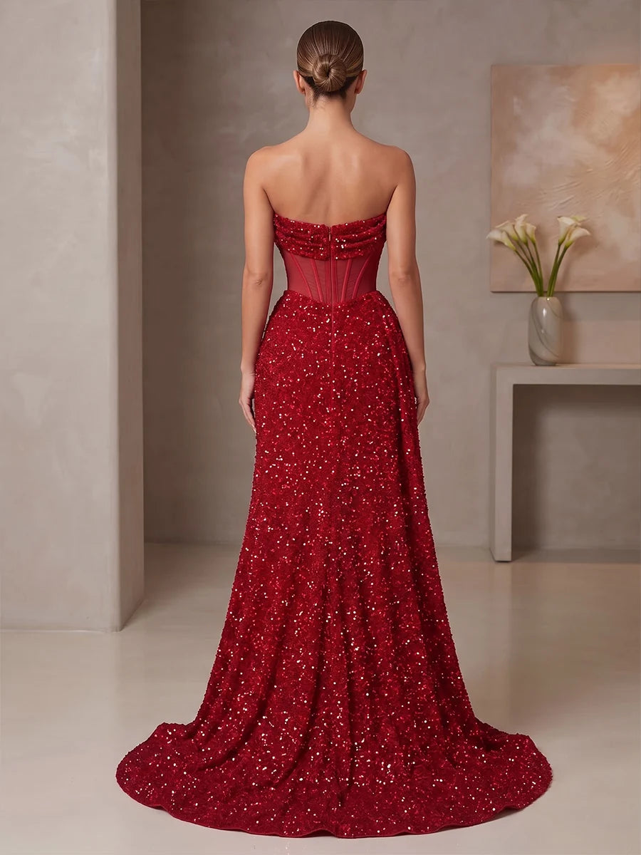 Burgundy Sequin Mesh A-Line Strapless Zipper Back Floor-Length Dress