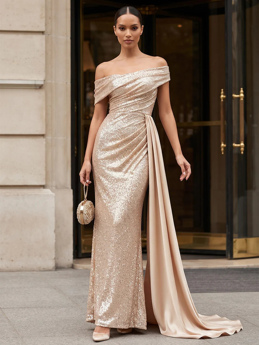 Champagne Gold Sequin Sheath Off-the-Shoulder Zipper Back Floor-Length Dress