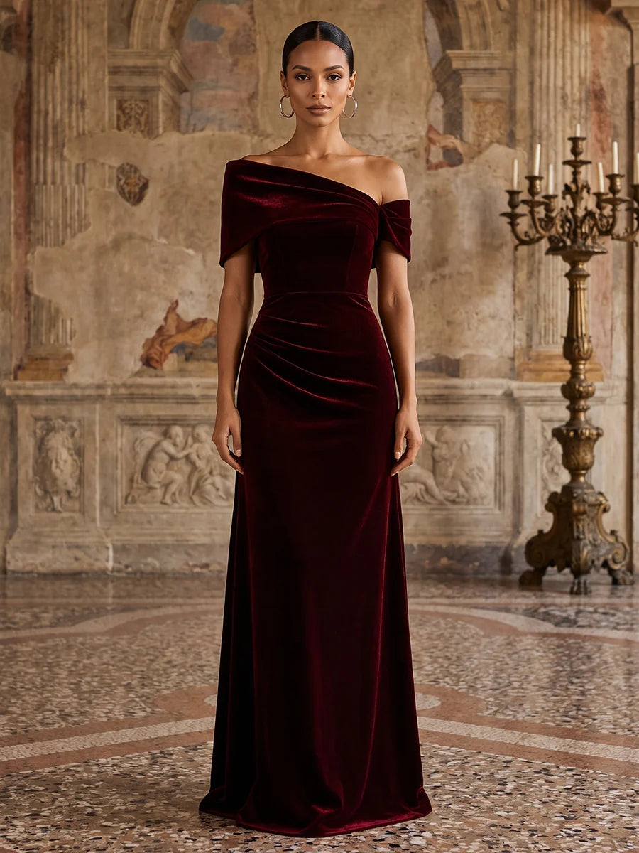 Burgundy Velvet sheath-column one-shoulder zipper-back floor-length Dress