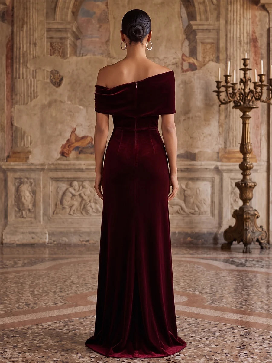 Burgundy Velvet sheath-column one-shoulder zipper-back floor-length Dress