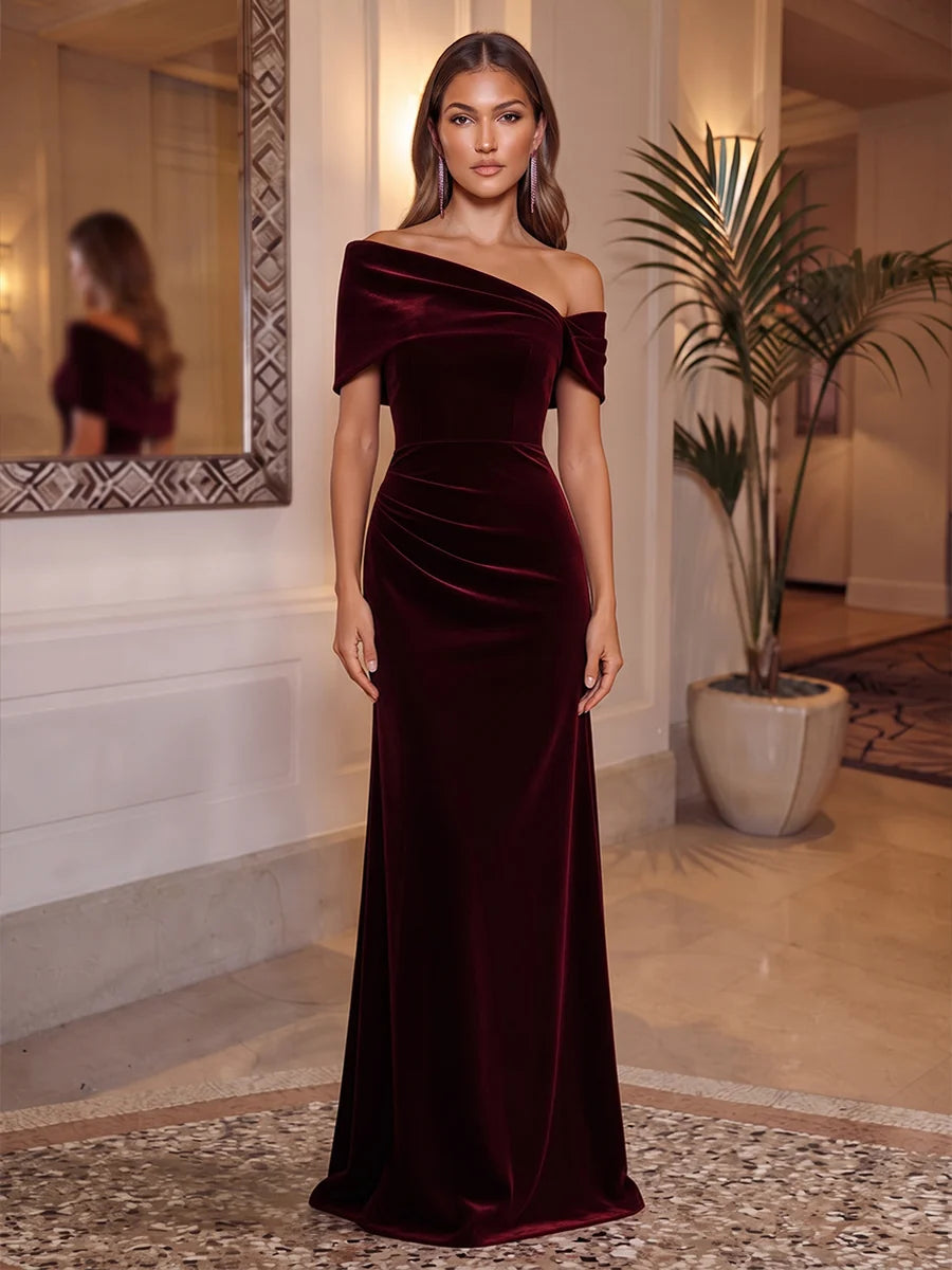 Burgundy Velvet sheath-column one-shoulder zipper-back floor-length Dress