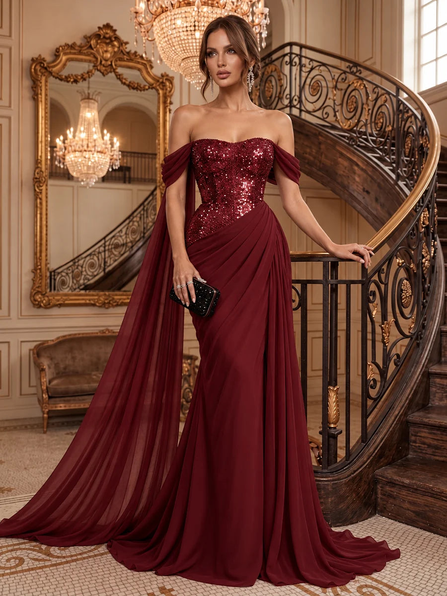 Burgundy Sequin & Chiffon Sheath Sweetheart Zipper Back Floor-Length Dress