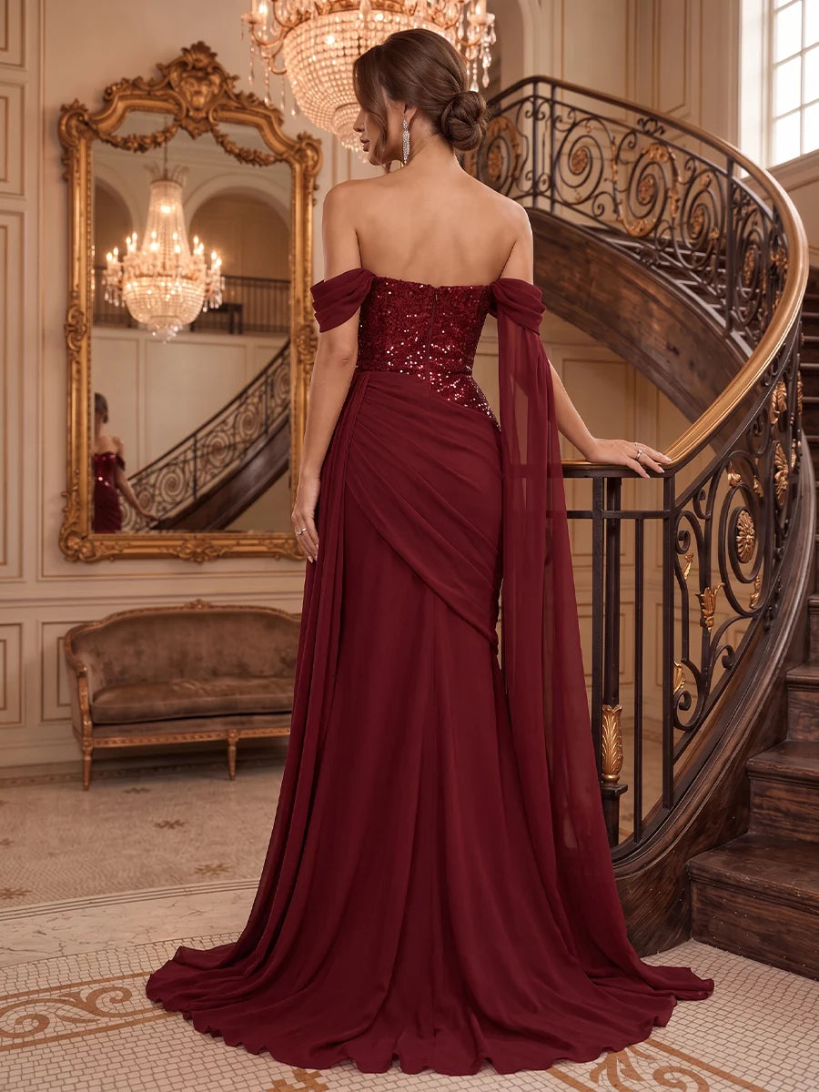 Burgundy Sequin & Chiffon Sheath Sweetheart Zipper Back Floor-Length Dress