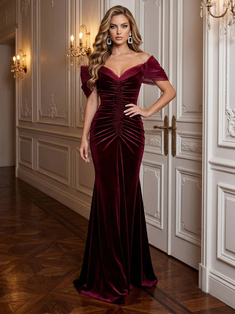 Burgundy Velvet and Mesh Mermaid Off-the-shoulder Zipper Back Floor-Length Dress