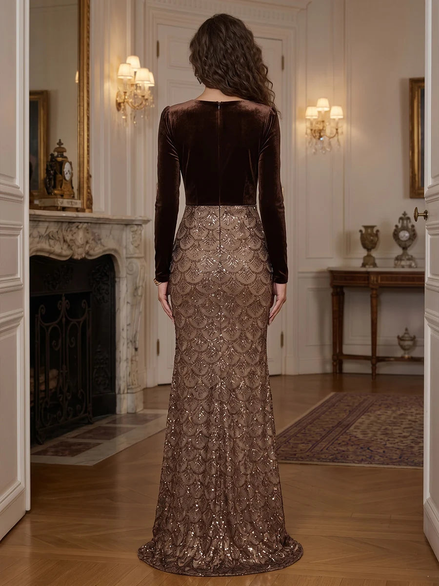 Espresso Brown Velvet and Sequin Mermaid V-Neck Floor-Length Dress