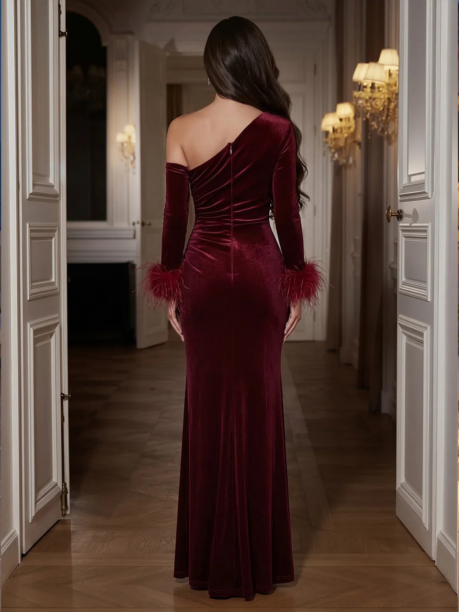 Burgundy Velvet Sheath One Shoulder Zipper Back Floor Length Dress
