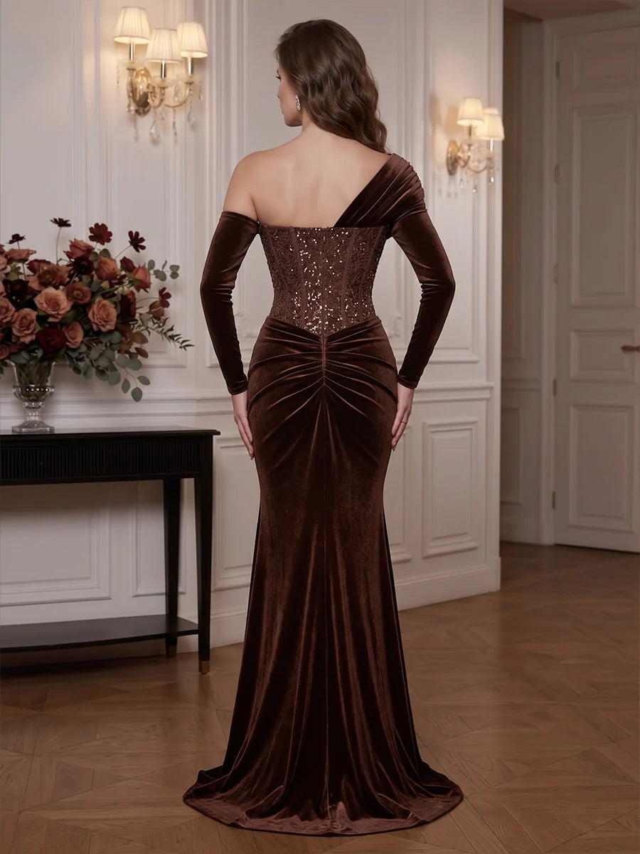 Espresso Velvet and Sequin Mesh Mermaid One Shoulder Floor Length Dress