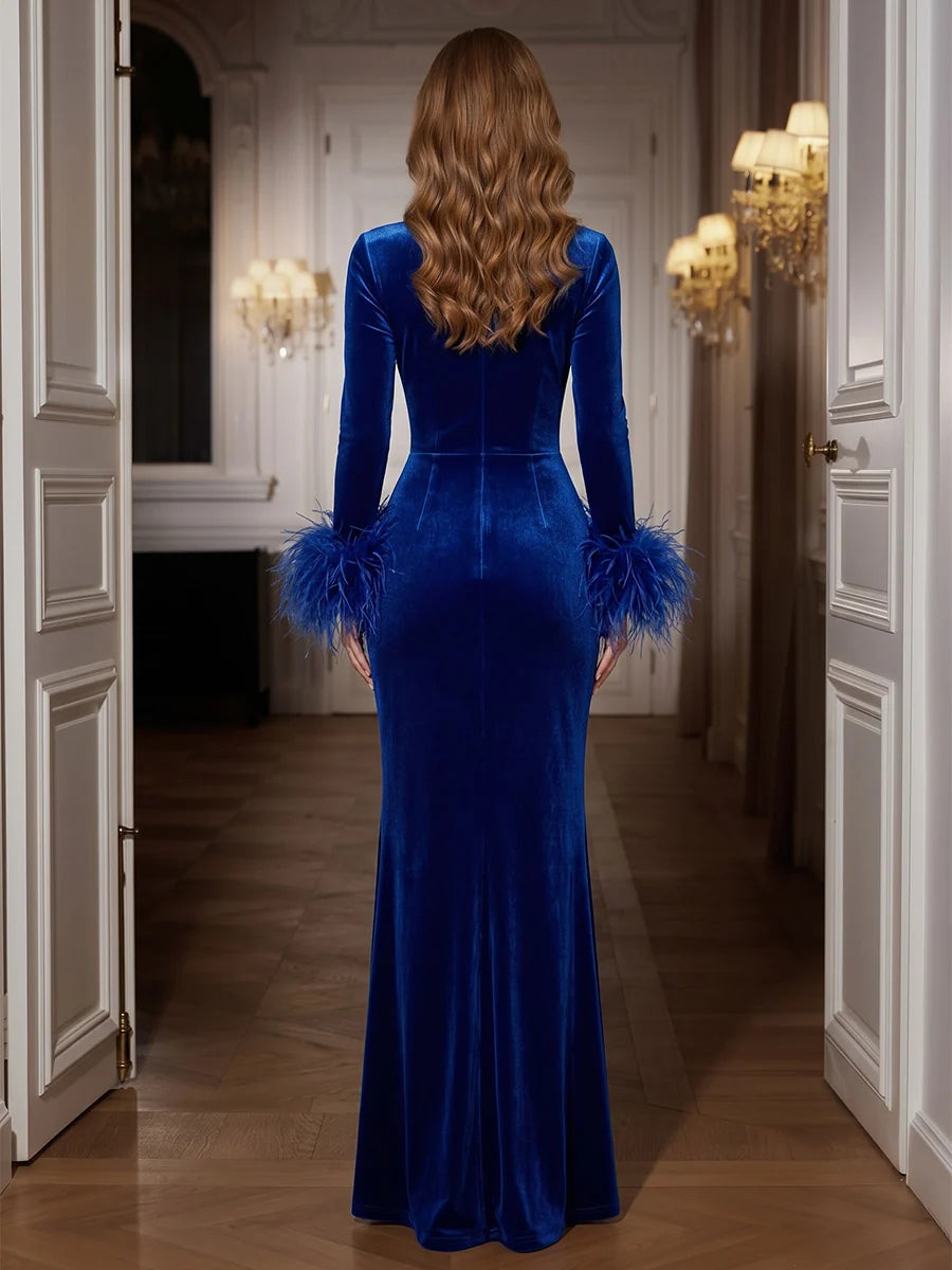 Royal Blue Velvet Sheath-Column Plunging V-Neck Zipper Back Floor-Length Dress