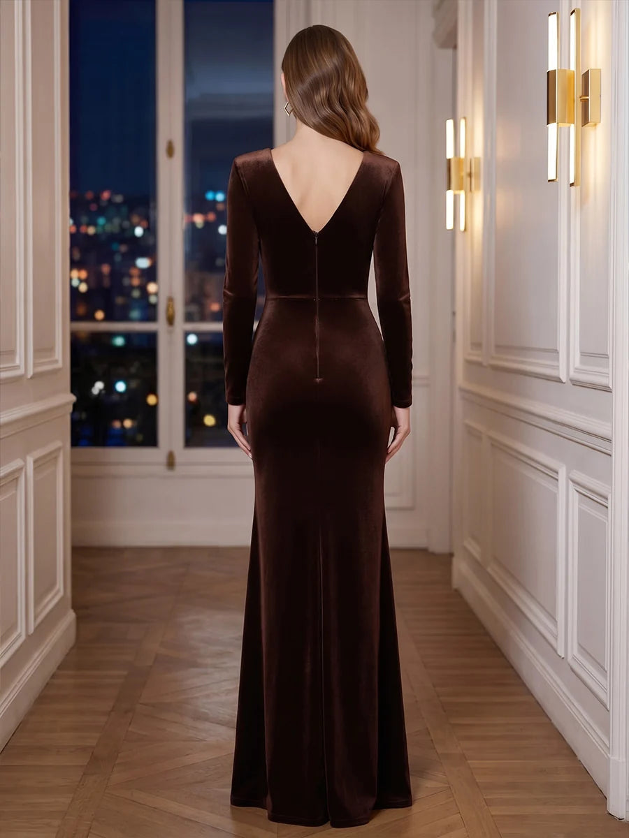 Espresso Velvet Sheath V-Neck V-Back Floor-Length Dress