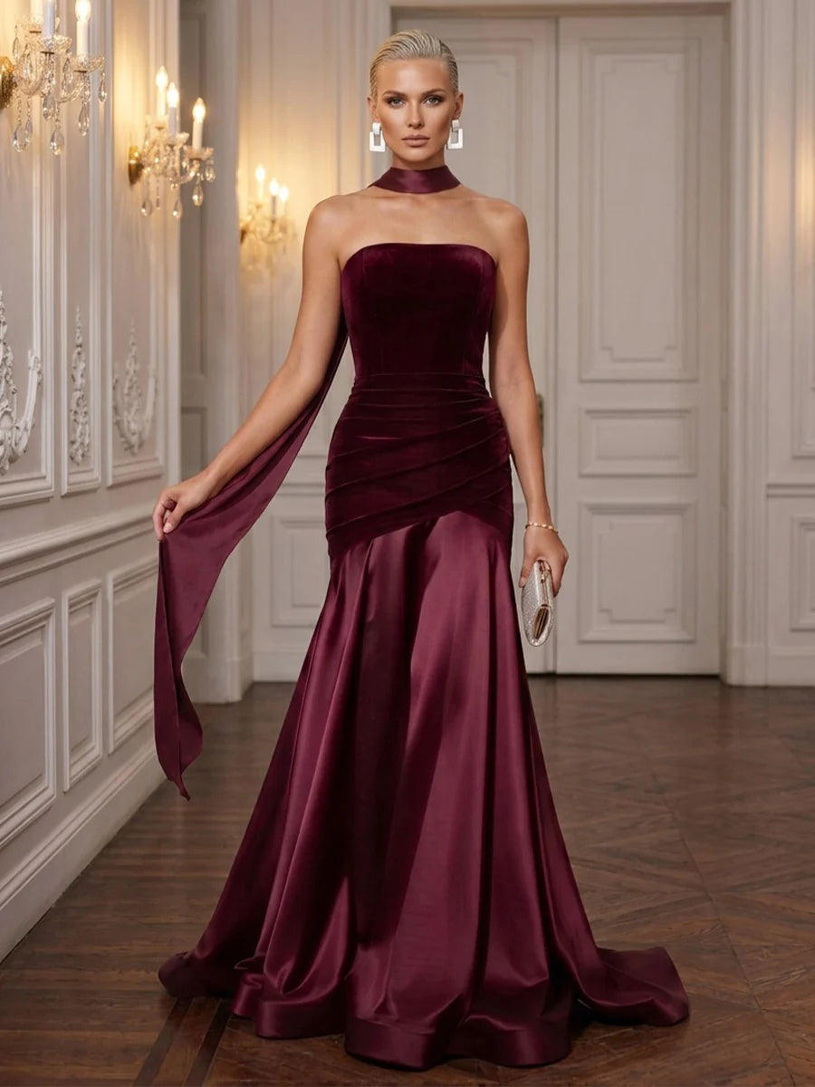 Cabernet Velvet and Satin Mermaid Strapless Zipper Back Floor-Length Dress