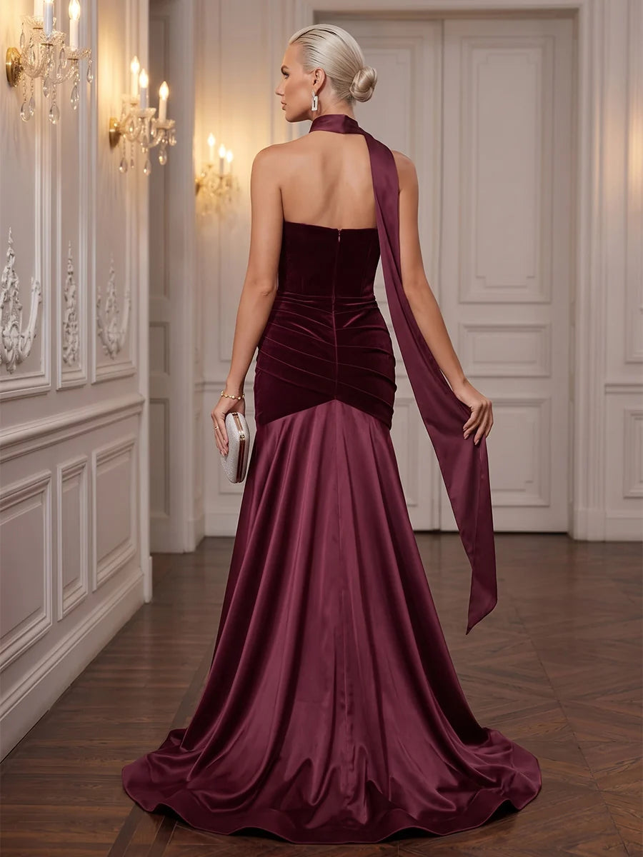 Cabernet Velvet and Satin Mermaid Strapless Zipper Back Floor-Length Dress