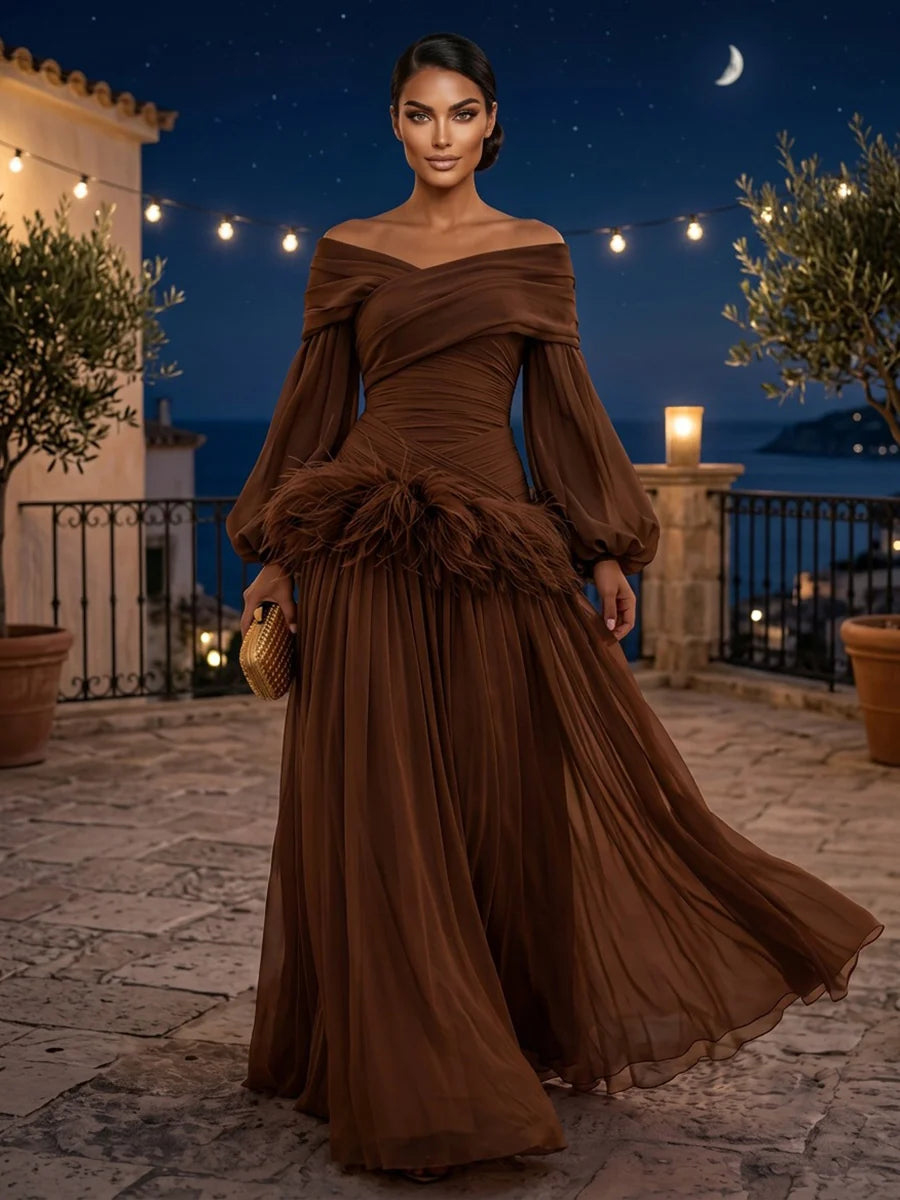 Espresso Brown Chiffon A-Line Off-the-Shoulder V-Back Floor-Length Dress