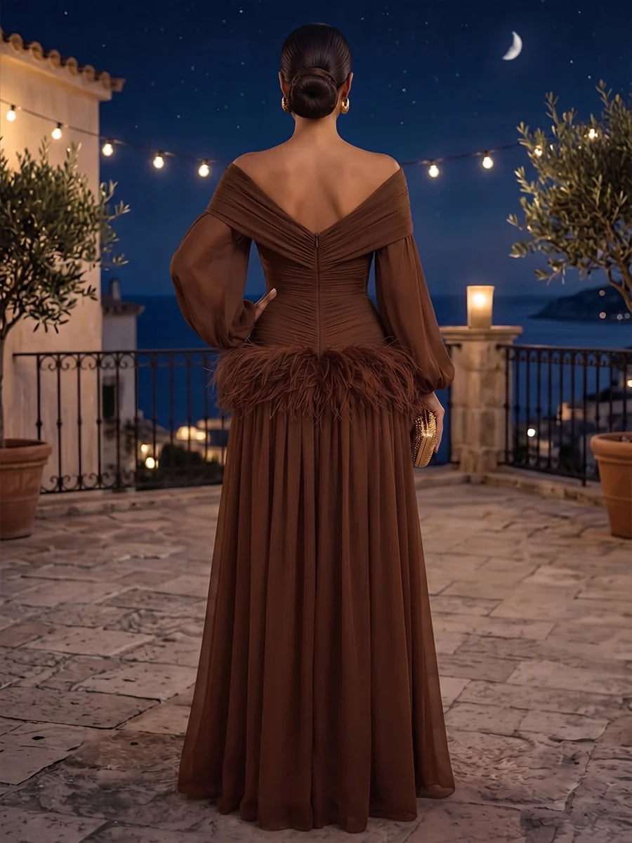 Espresso Brown Chiffon A-Line Off-the-Shoulder V-Back Floor-Length Dress