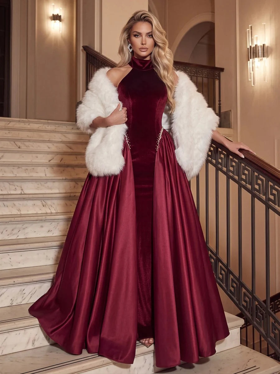 Burgundy Velvet & Satin Sheath / Column with Overskirt Halter Floor-Length Dress