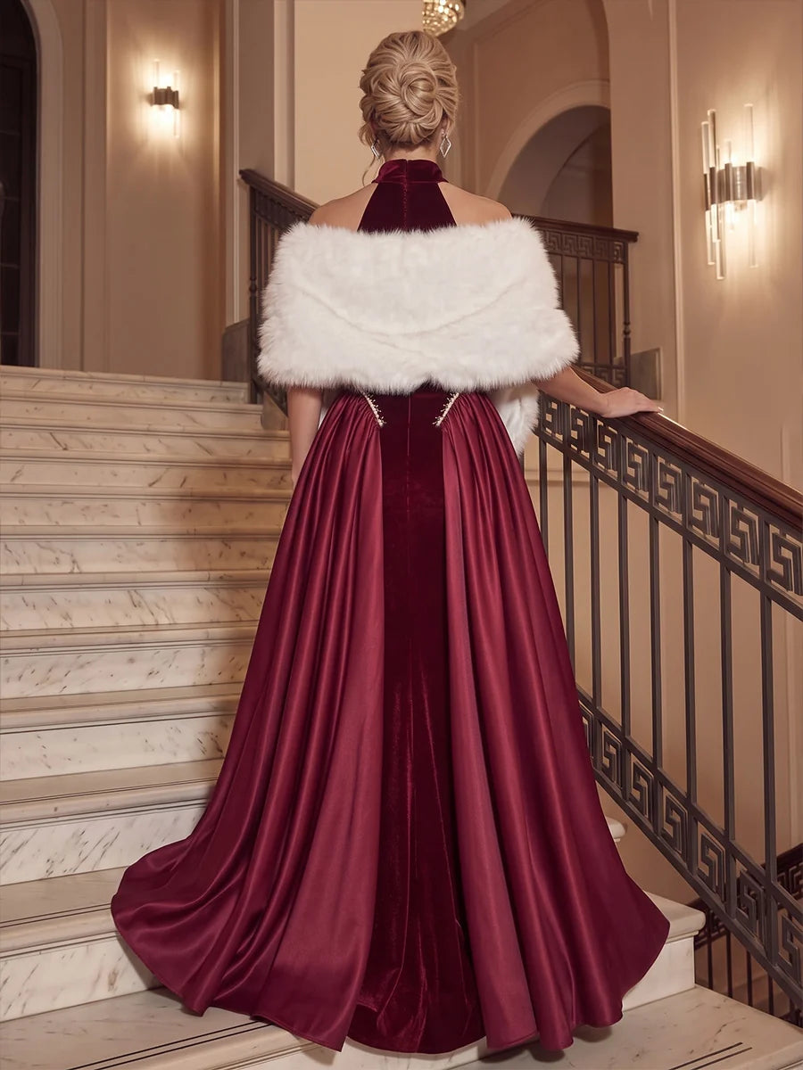 Burgundy Velvet & Satin Sheath / Column with Overskirt Halter Floor-Length Dress