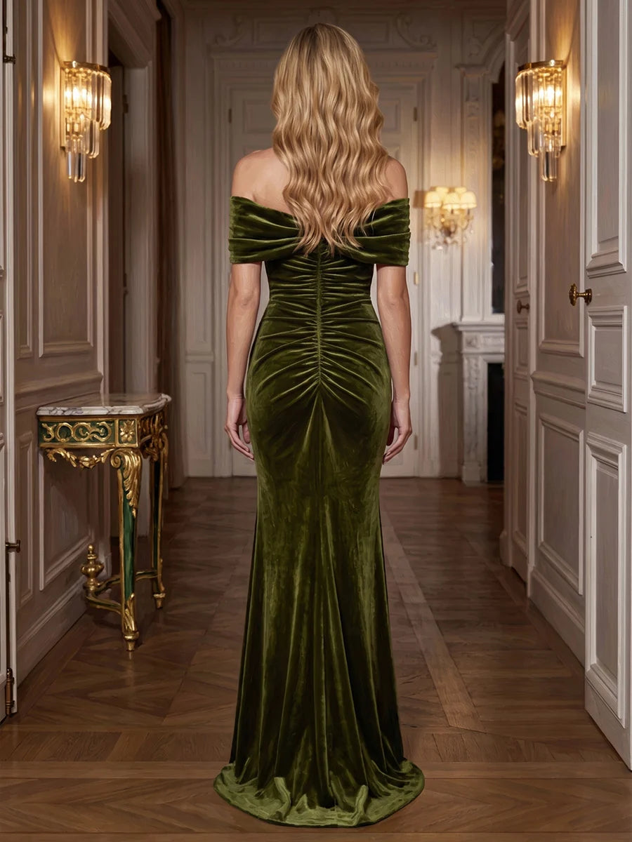 Olive Green Velvet Sheath Off-the-Shoulder Zipper Back Floor-Length Dress