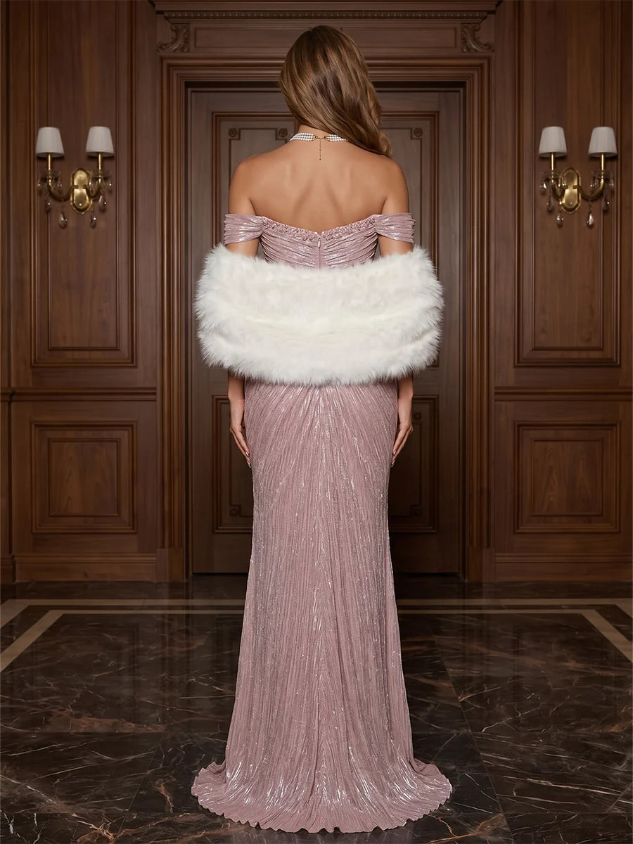 Dusty Rose Glitter Fabric Sheath-Column Off-the-Shoulder Floor-Length Dress