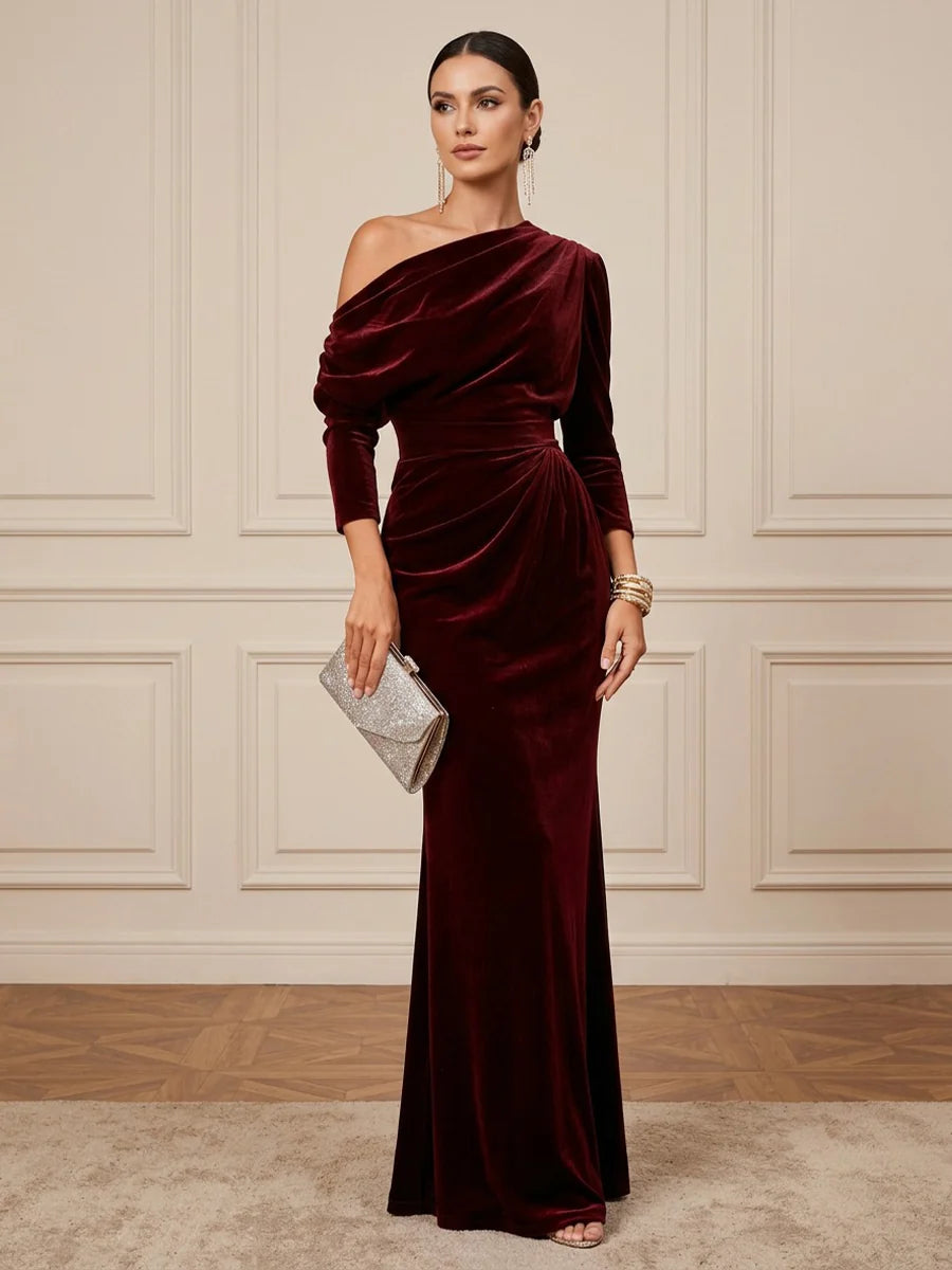 Burgundy Velvet Sheath One Shoulder Zipper Back Floor-Length Dress