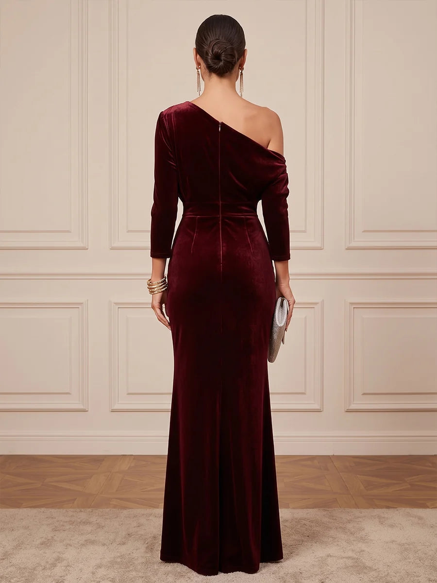 Burgundy Velvet Sheath One Shoulder Zipper Back Floor-Length Dress