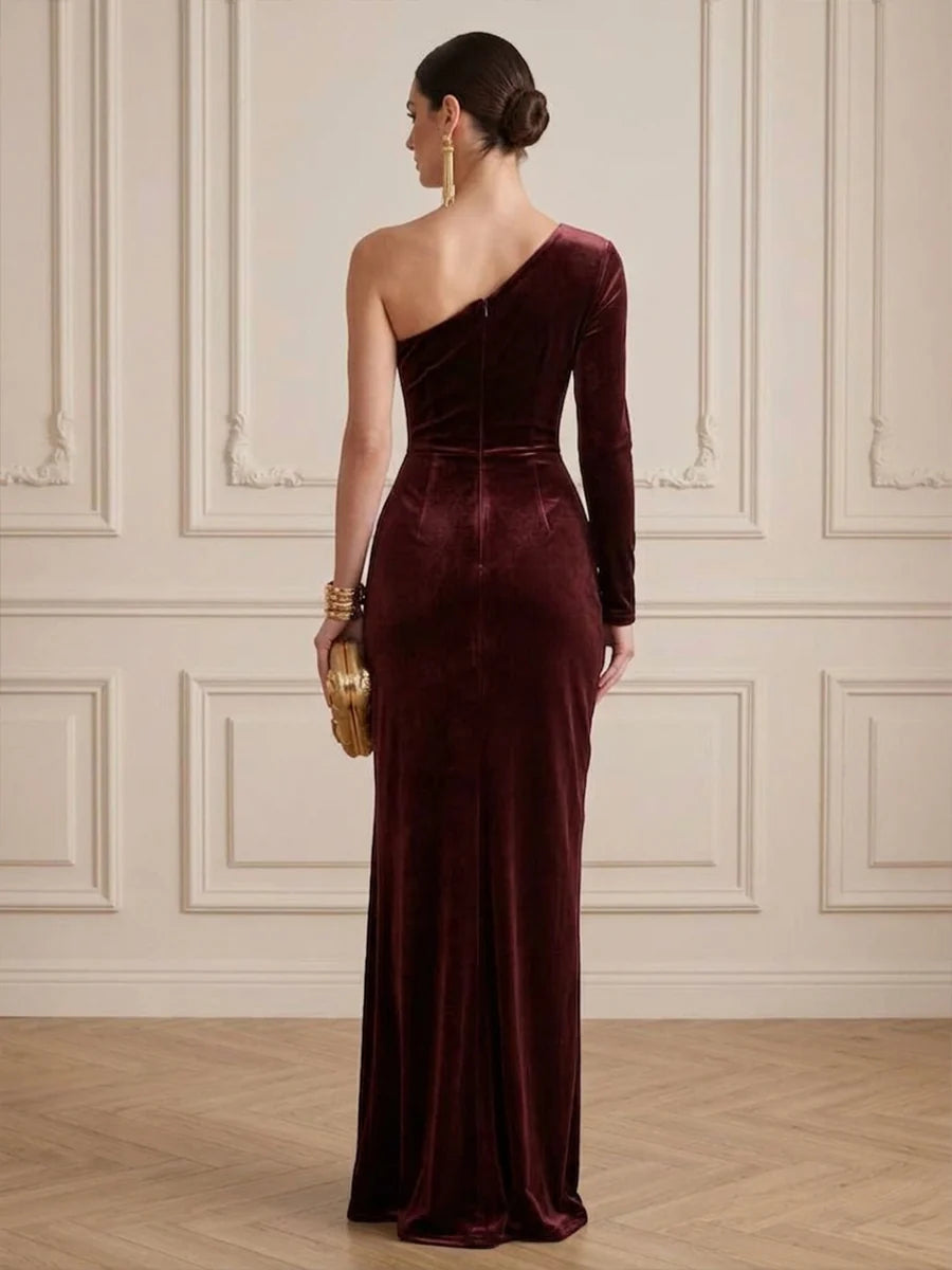 Burgundy Velvet Sheath One Shoulder Zipper Back Floor-Length Dress