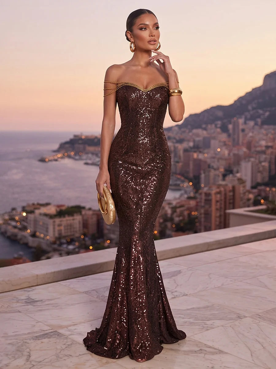 Espresso Sequin Mermaid Sweetheart Zipper Back Floor-Length Dress