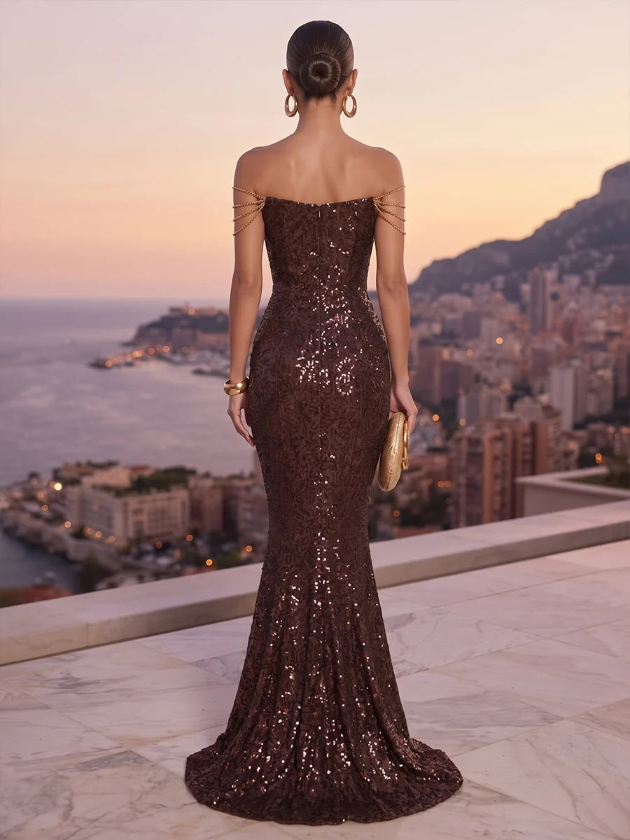 Espresso Sequin Mermaid Sweetheart Zipper Back Floor-Length Dress