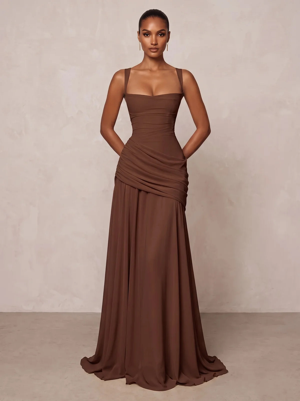 Espresso Chiffon A-Line Square Neck Lace-Up Back Floor-Length Dress