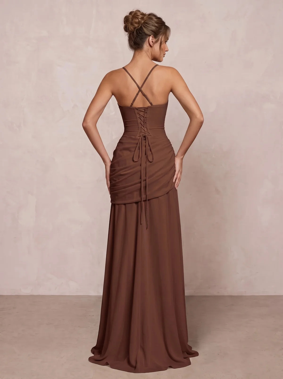 Espresso Chiffon A-Line Square Neck Lace-Up Back Floor-Length Dress