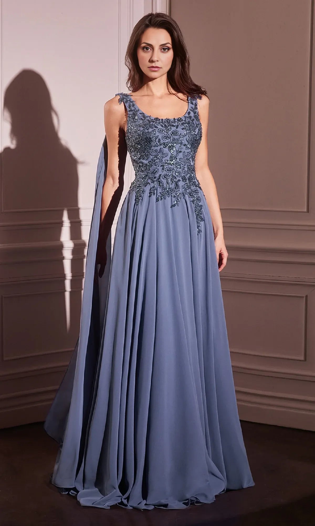 Weitese Dress Shoulder Sash Long Formal Dress Floor-Length A-Line Cowl Back Mother of the Bride Dress