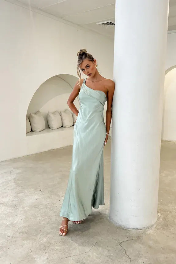 Weitese Dress One-Shoulder Flutter Sash Sheath Maxi Dress Open Back Ankle Length Prom Dress Champagne