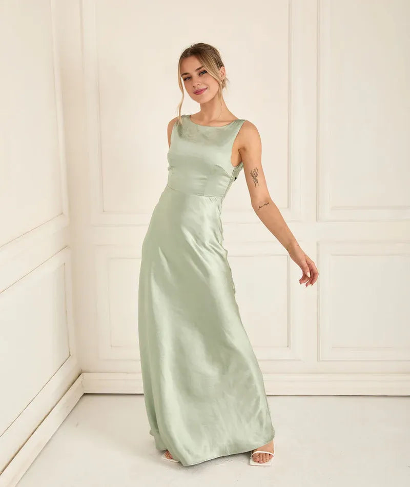 Weitese Dress Fashion Cowl Back Satin Bridesmaid Dress Maxi Dress Solid Color Champagne Boat Neck Sleeveless Prom Dress
