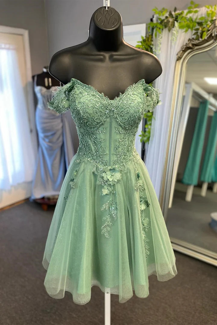 Sage Green Off-the-Shoulder Beaded Appliques A-Line Homecoming Dress