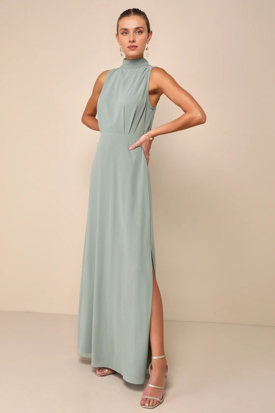 Weitese Formal Women's Dresses Classic Elegance Sage Chiffon Sleeveless Half Hight Neck Maxi Dress Prom Dress Stores