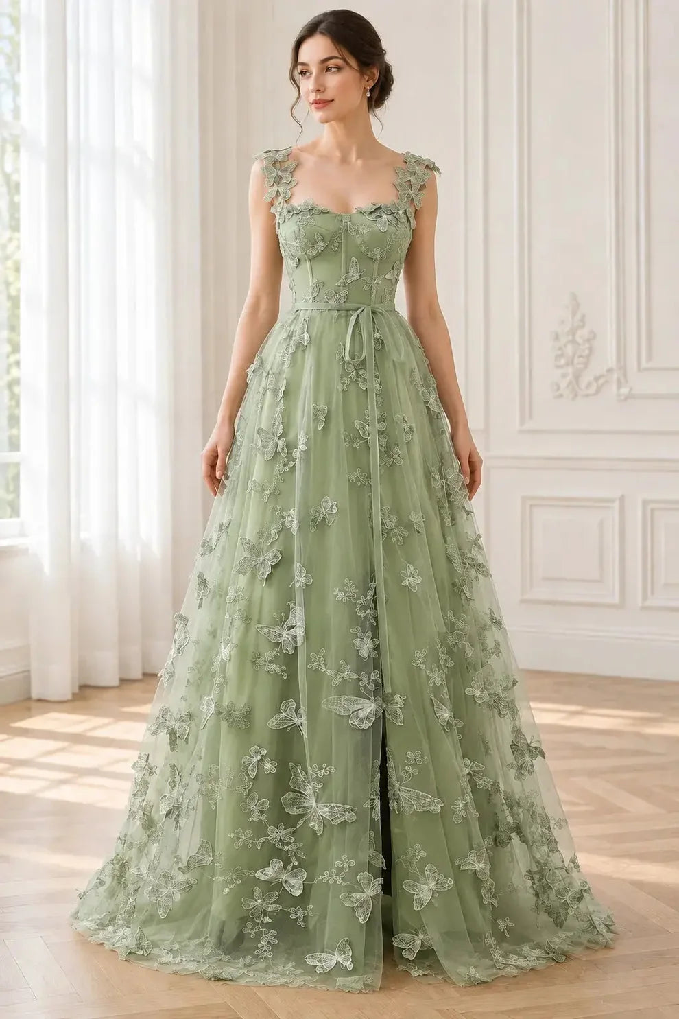 3D butterfly applique tulle A-line gown