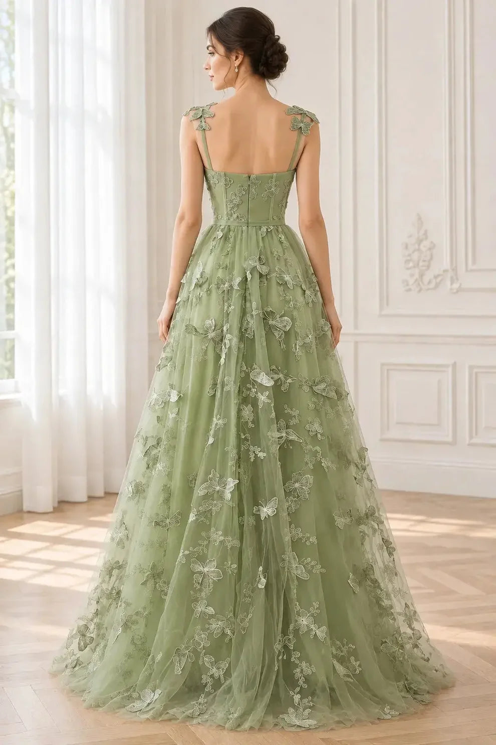 3D butterfly applique tulle A-line gown