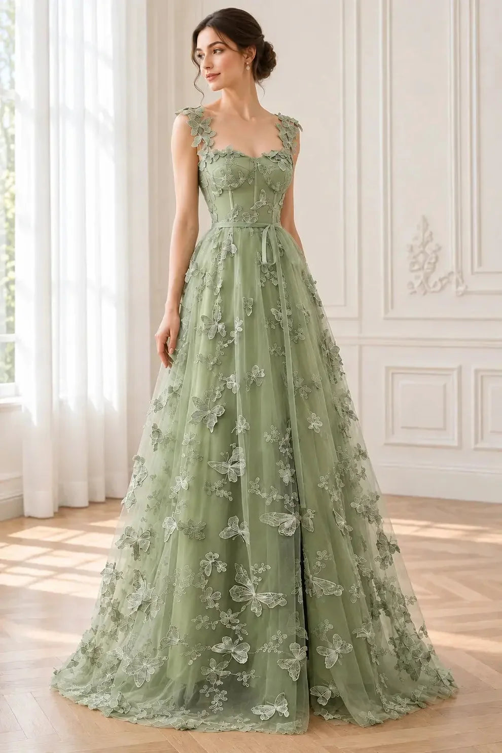 3D butterfly applique tulle A-line gown